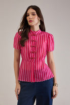 AMMY PINK STRIPED SCALLOPED PEPLUM TOP WITH FROG BUTTONS - Sunday Story