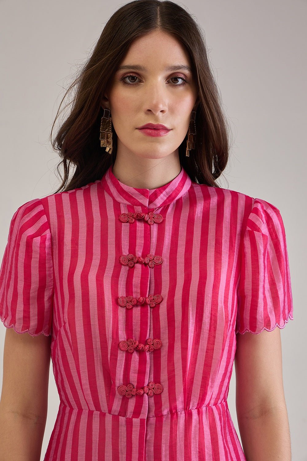 AMMY PINK STRIPED SCALLOPED PEPLUM TOP WITH FROG BUTTONS - Sunday Story