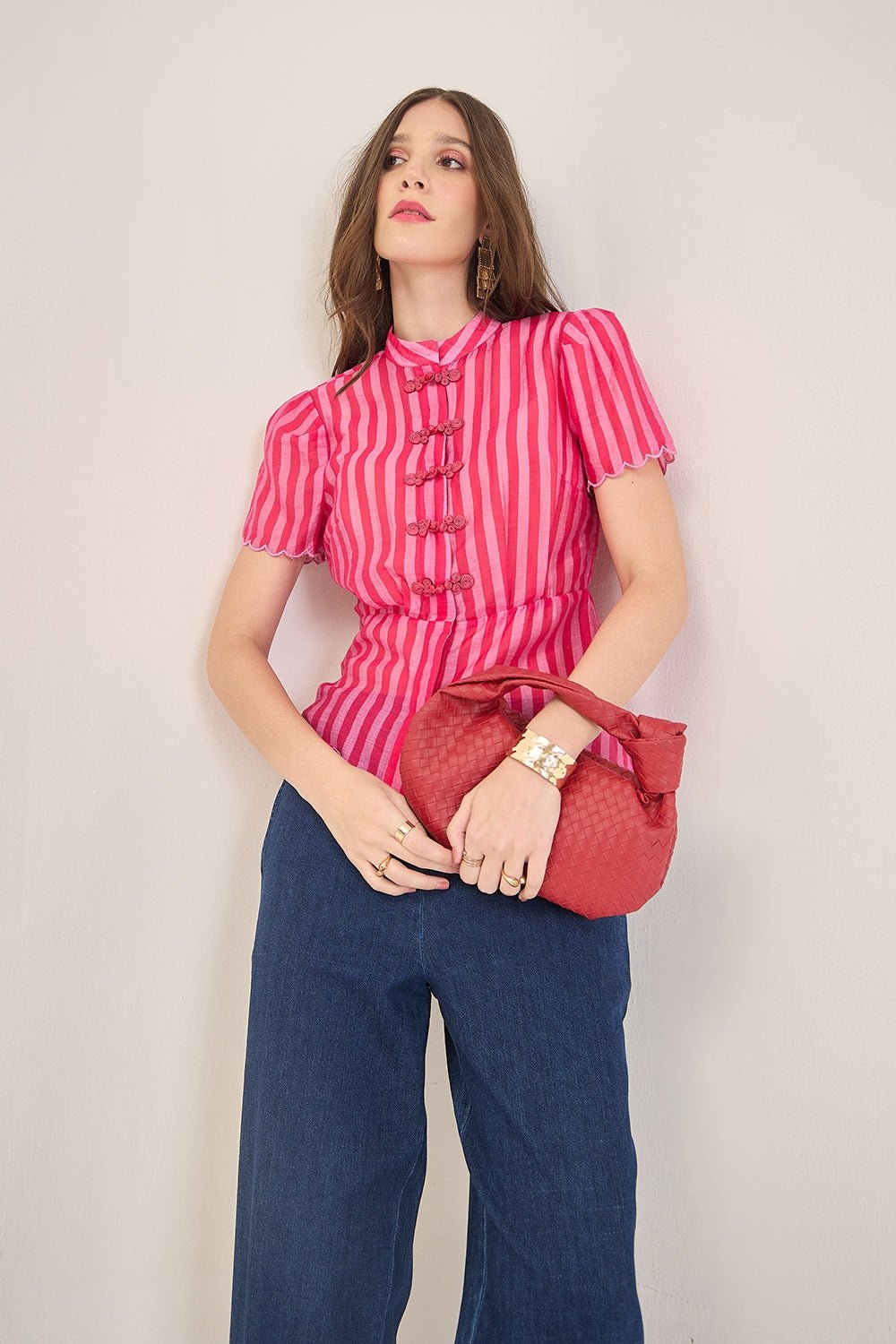 AMMY PINK STRIPED SCALLOPED PEPLUM TOP WITH FROG BUTTONS - Sunday Story