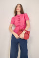 AMMY PINK STRIPED SCALLOPED PEPLUM TOP WITH FROG BUTTONS