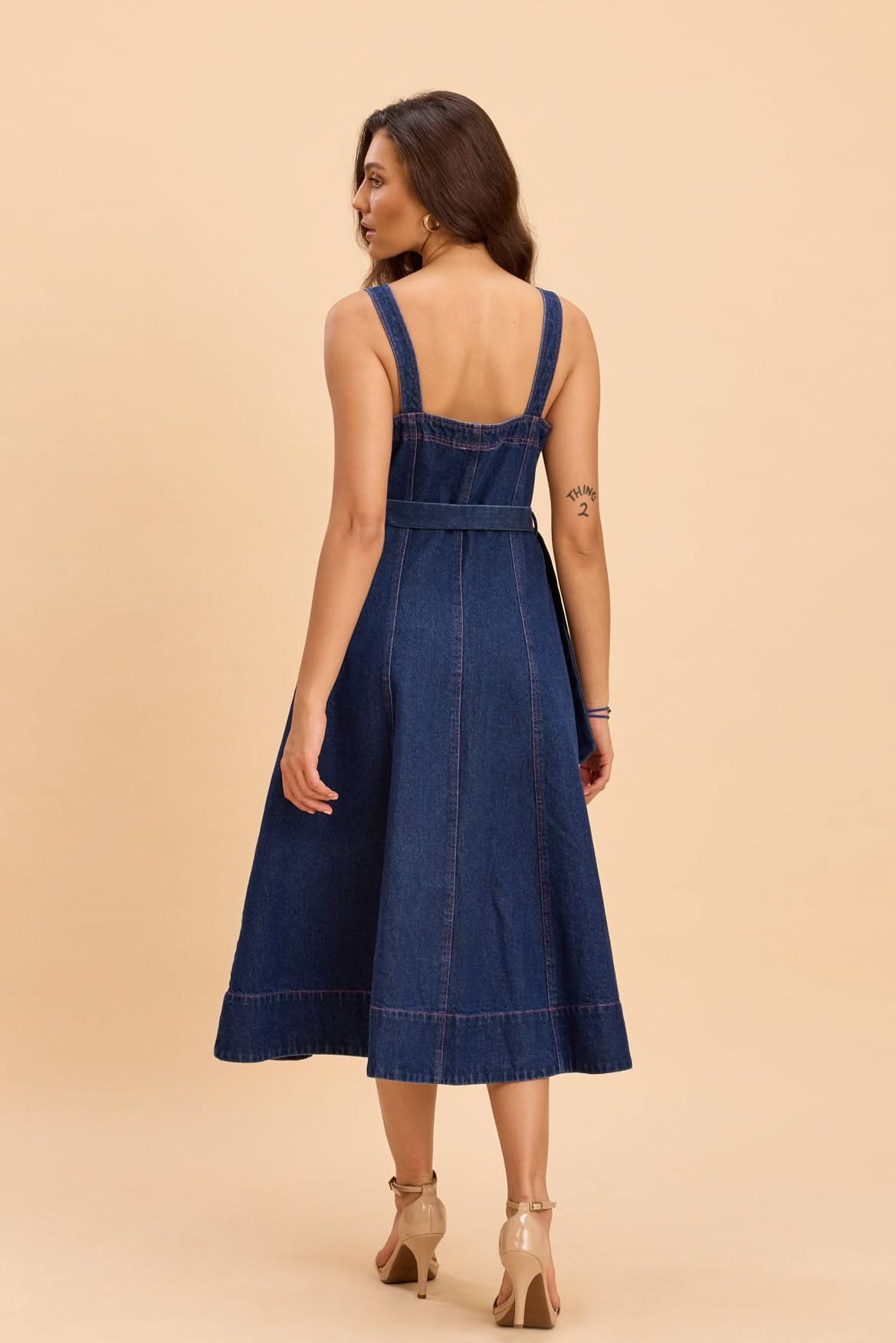 ANDREA COTTON DENIM FIT AND FLARE STRAPPY MIDI DRESS - Sunday Story