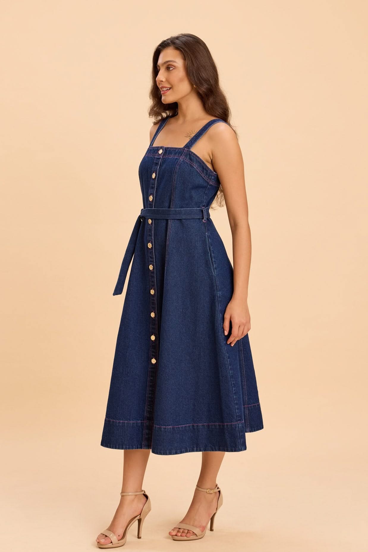 ANDREA COTTON DENIM FIT AND FLARE STRAPPY MIDI DRESS - Sunday Story