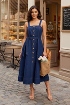 ANDREA COTTON DENIM FIT AND FLARE STRAPPY MIDI DRESS - Sunday Story