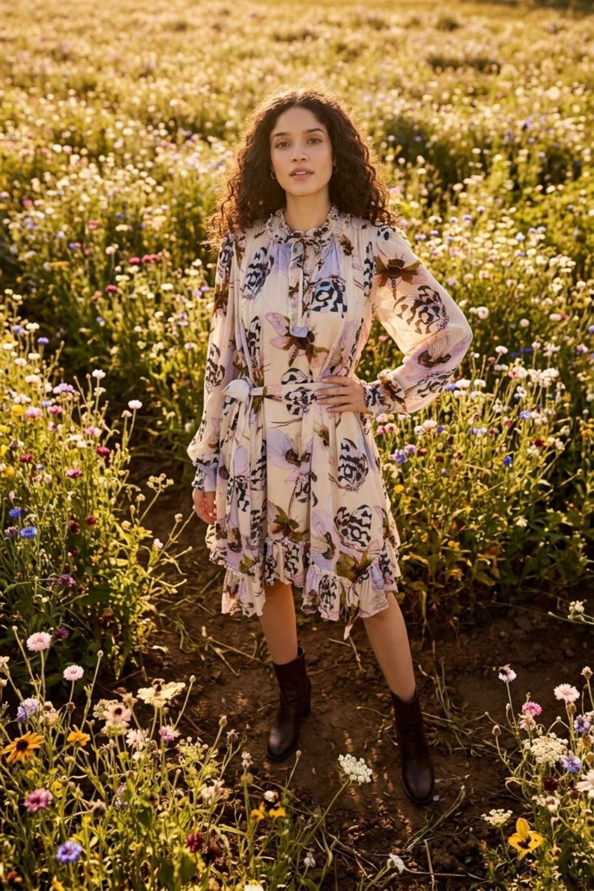 ANDY PRINTED VISCOSE GEORGETTE DRESS WITH ASSYMETRIC HEMLINE - Sunday Story
