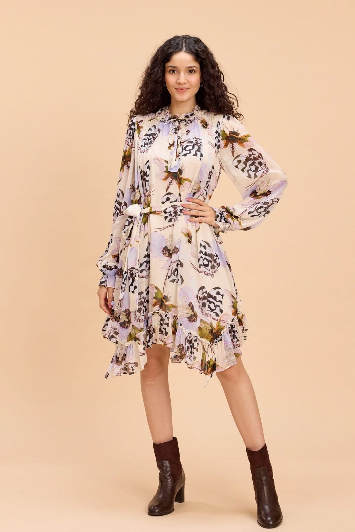 ANDY PRINTED VISCOSE GEORGETTE DRESS WITH ASSYMETRIC HEMLINE - Sunday Story