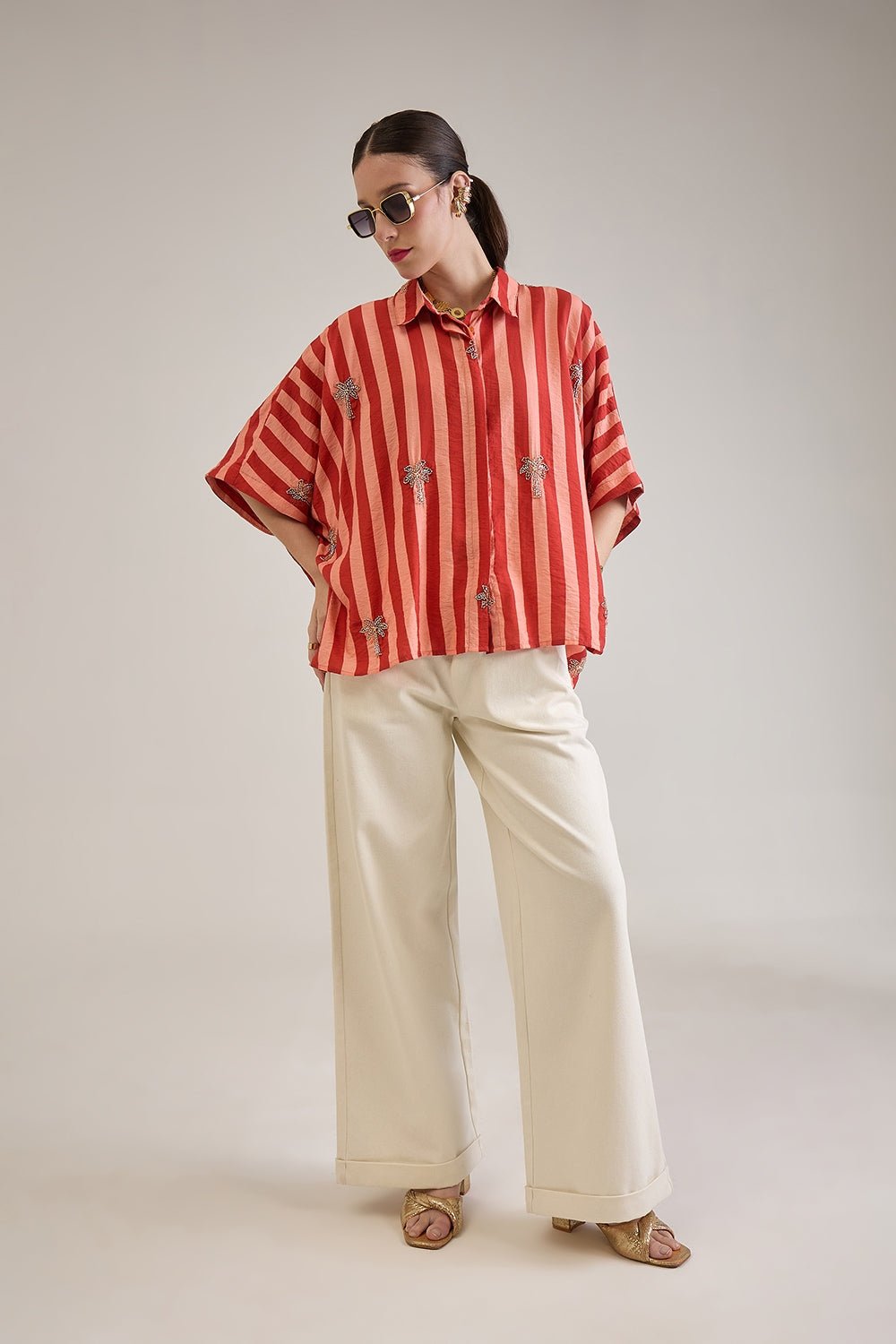 ANNE RUST CORAL STRIPED EMBELLISHED KAFTAN SHIRT - Sunday Story