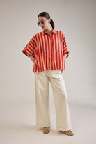 ANNE RUST CORAL STRIPED EMBELLISHED KAFTAN SHIRT - Sunday Story
