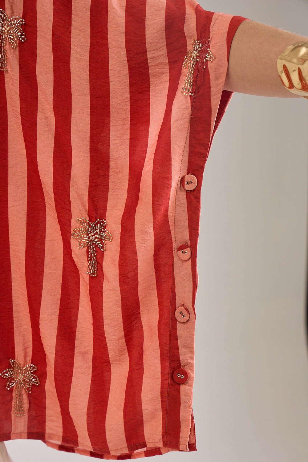 ANNE RUST CORAL STRIPED EMBELLISHED KAFTAN SHIRT - Sunday Story