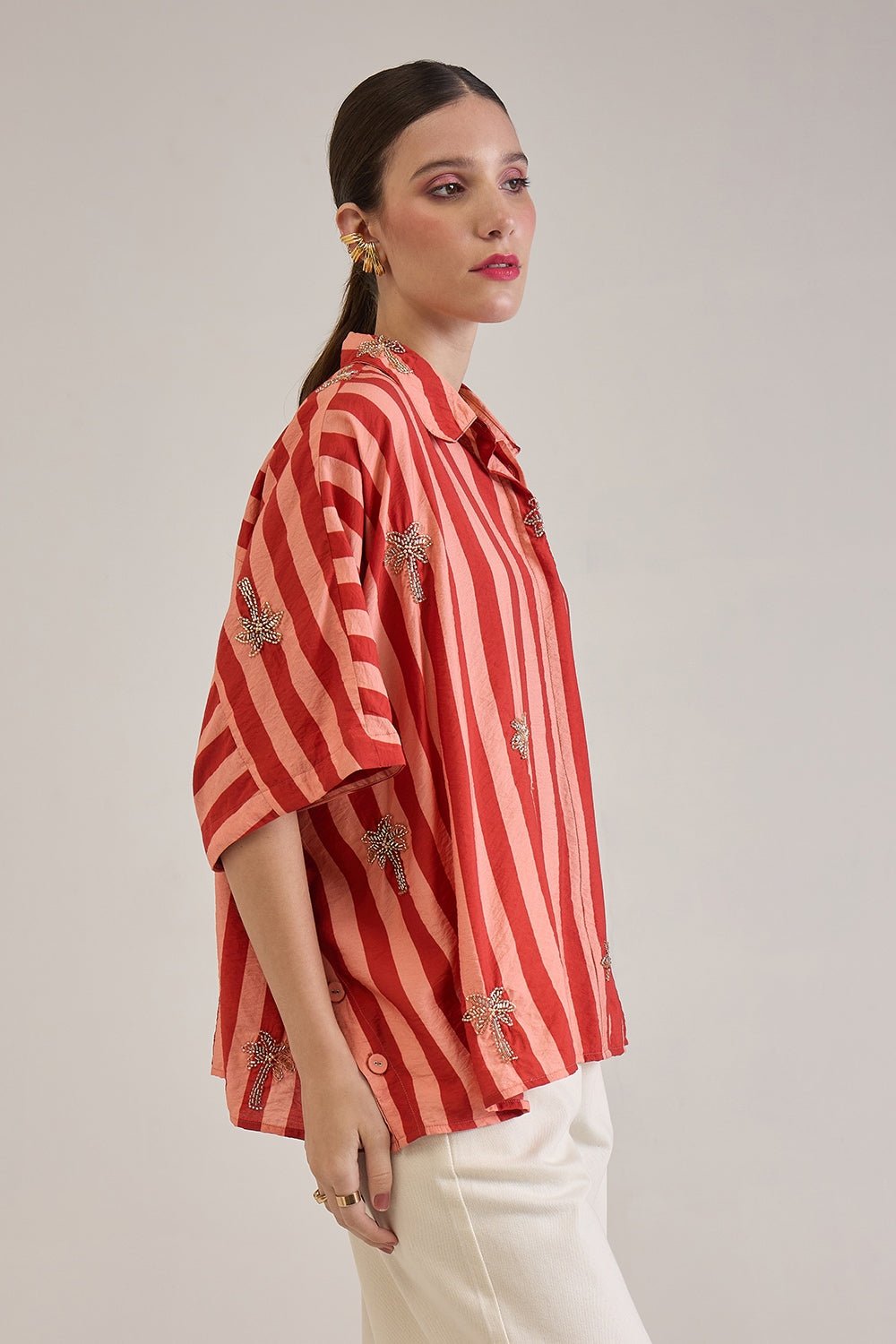 ANNE RUST CORAL STRIPED EMBELLISHED KAFTAN SHIRT - Sunday Story