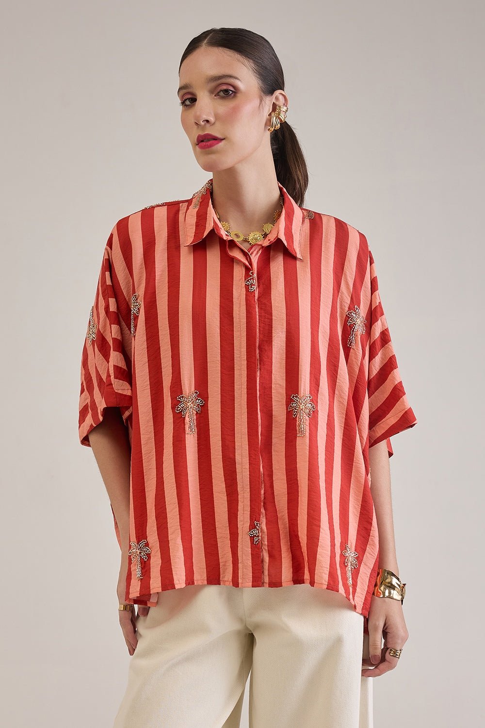 ANNE RUST CORAL STRIPED EMBELLISHED KAFTAN SHIRT - Sunday Story