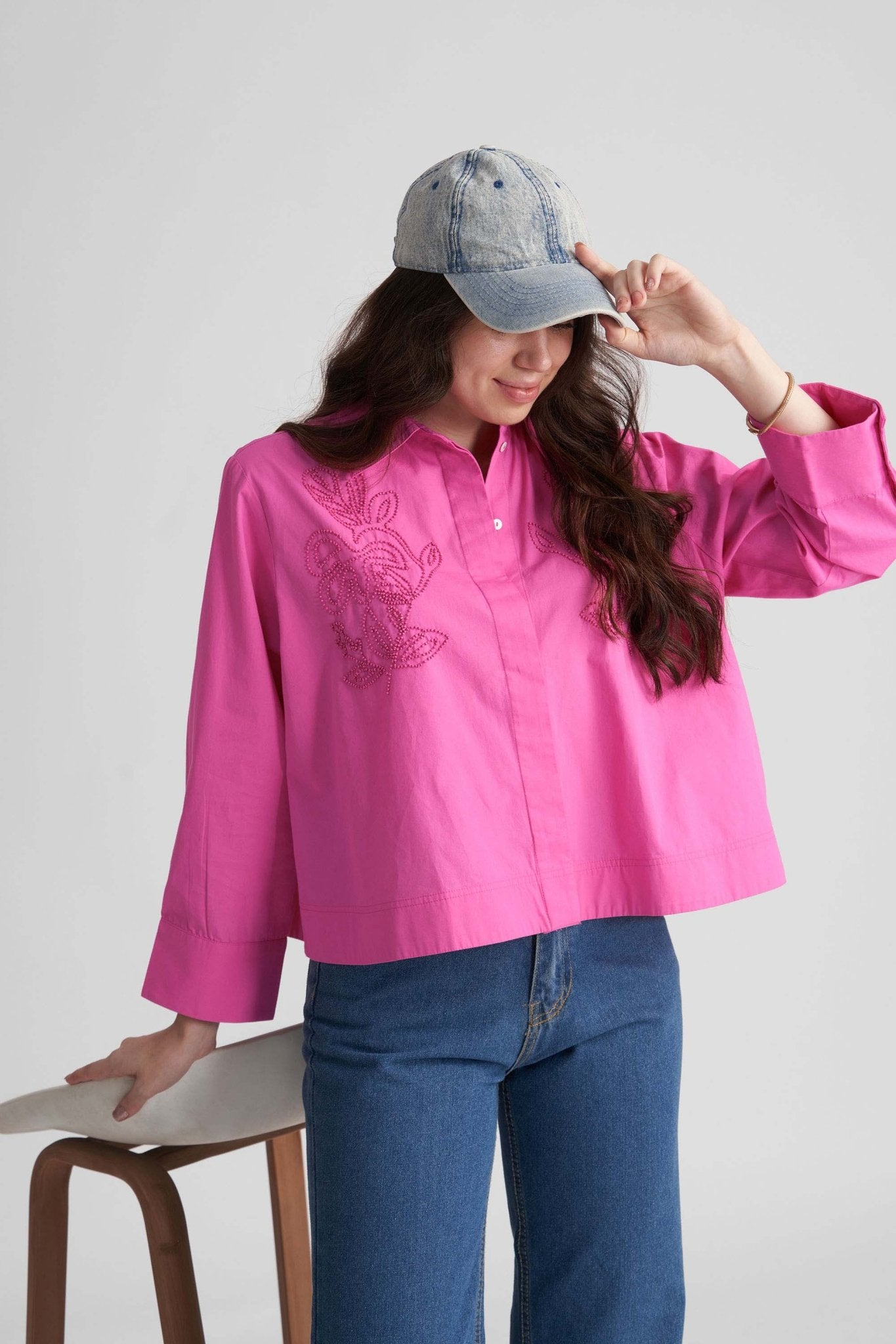 AQUILA OVERSIZED COTTON SHIRT WITH BEAD WORK EMBROIDERY - Sunday Story