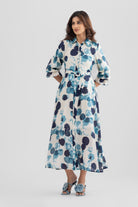 ASTER PRINTED VISCOSE A LINE MIDI DRESS WITH SELF FABRIC BELT - Sunday Story