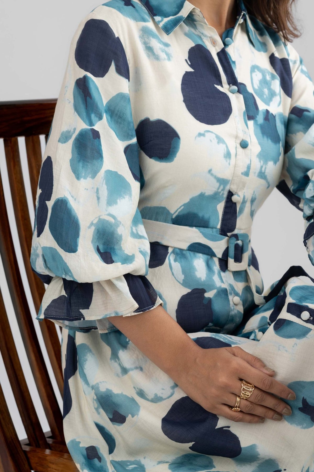 ASTER PRINTED VISCOSE A LINE MIDI DRESS WITH SELF FABRIC BELT - Sunday Story