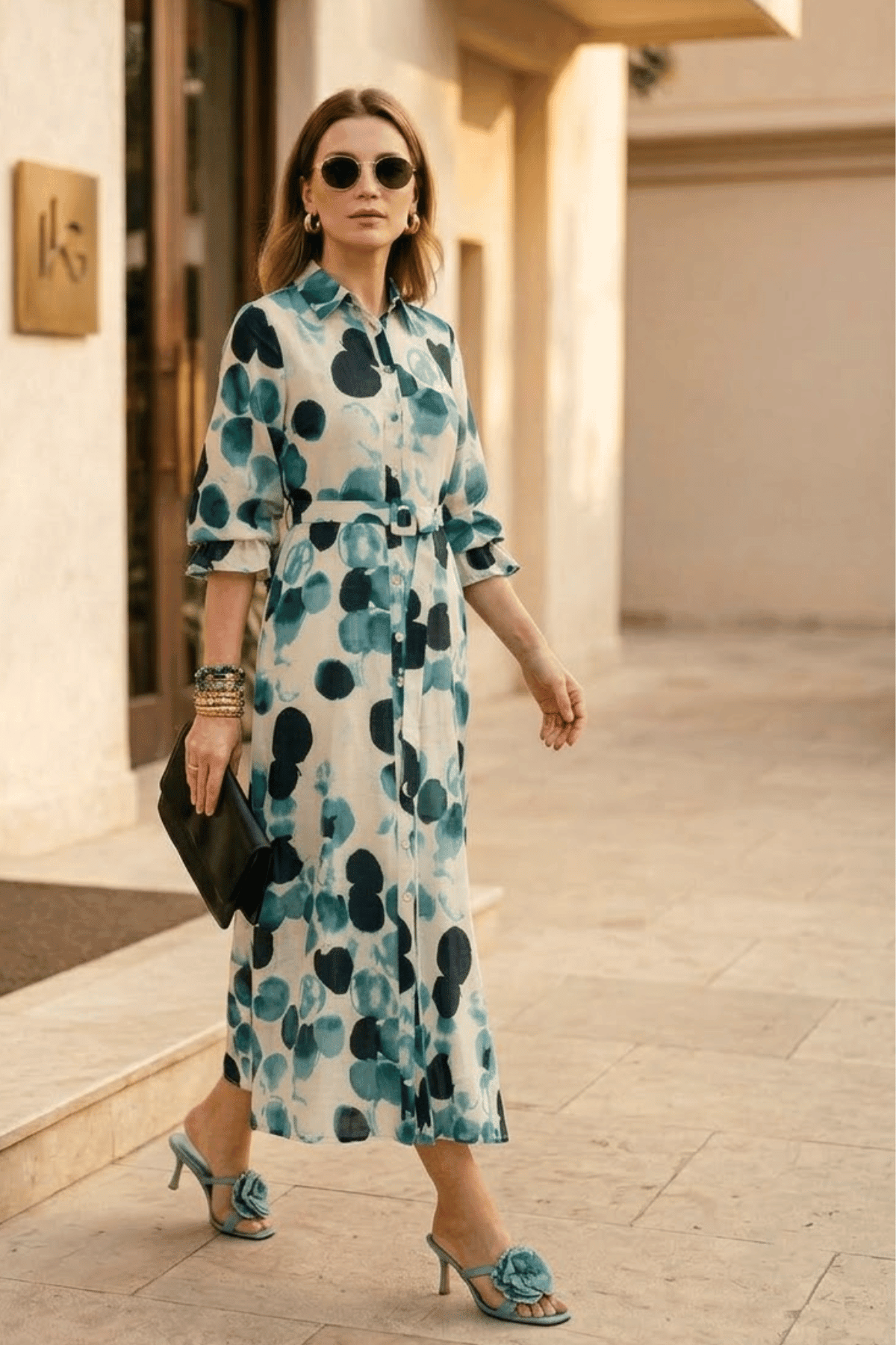 ASTER PRINTED VISCOSE A LINE MIDI DRESS WITH SELF FABRIC BELT - Sunday Story