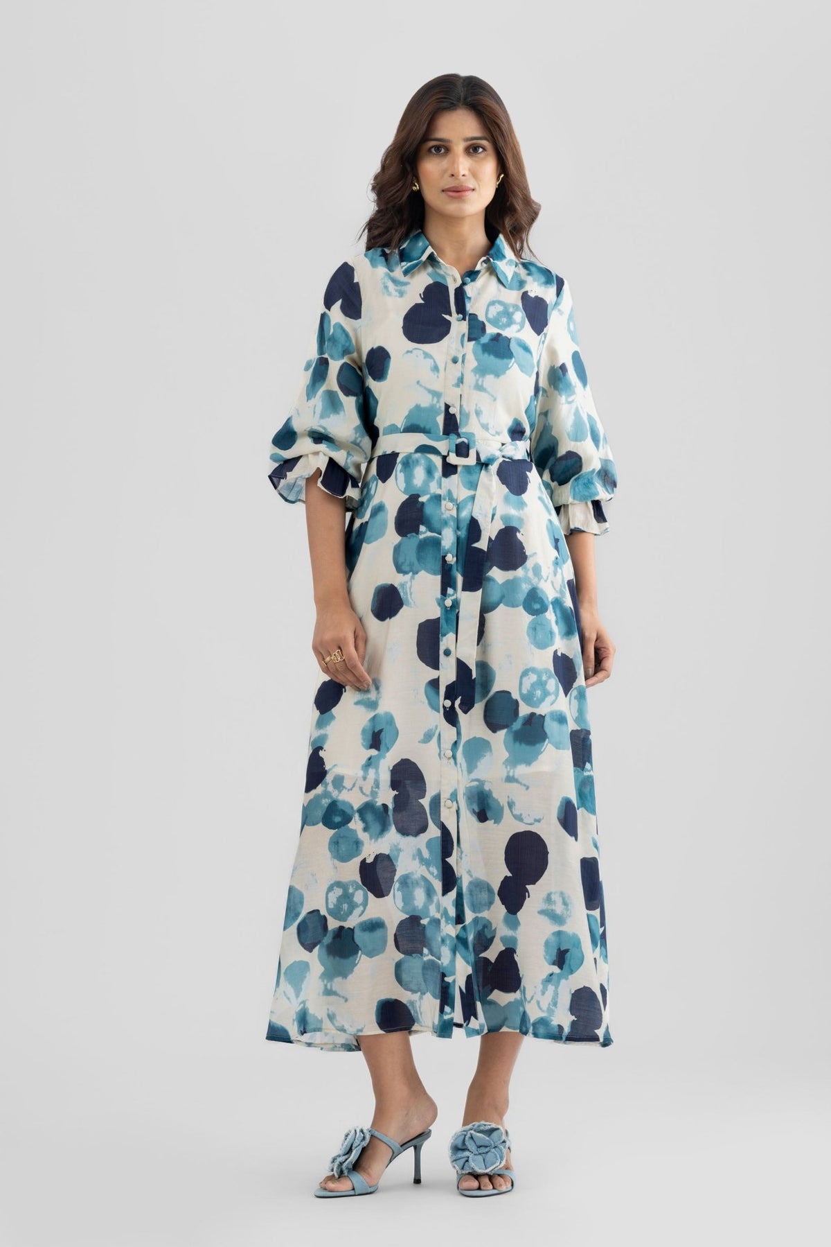 ASTER PRINTED VISCOSE A LINE MIDI DRESS WITH SELF FABRIC BELT - Sunday Story