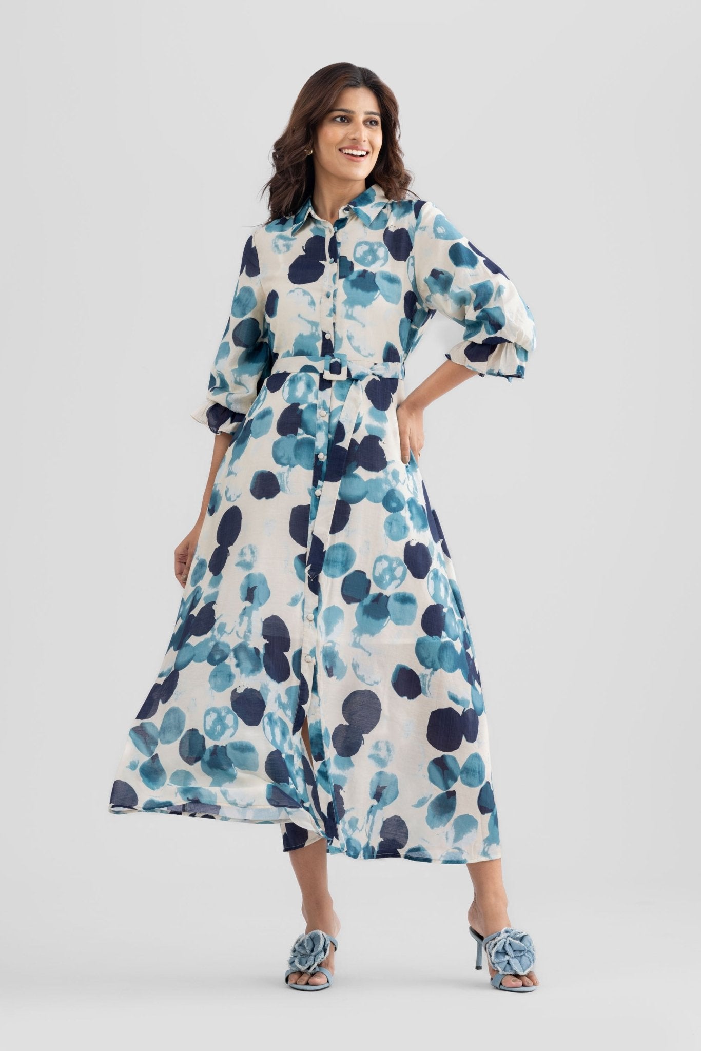 ASTER PRINTED VISCOSE A LINE MIDI DRESS WITH SELF FABRIC BELT - Sunday Story