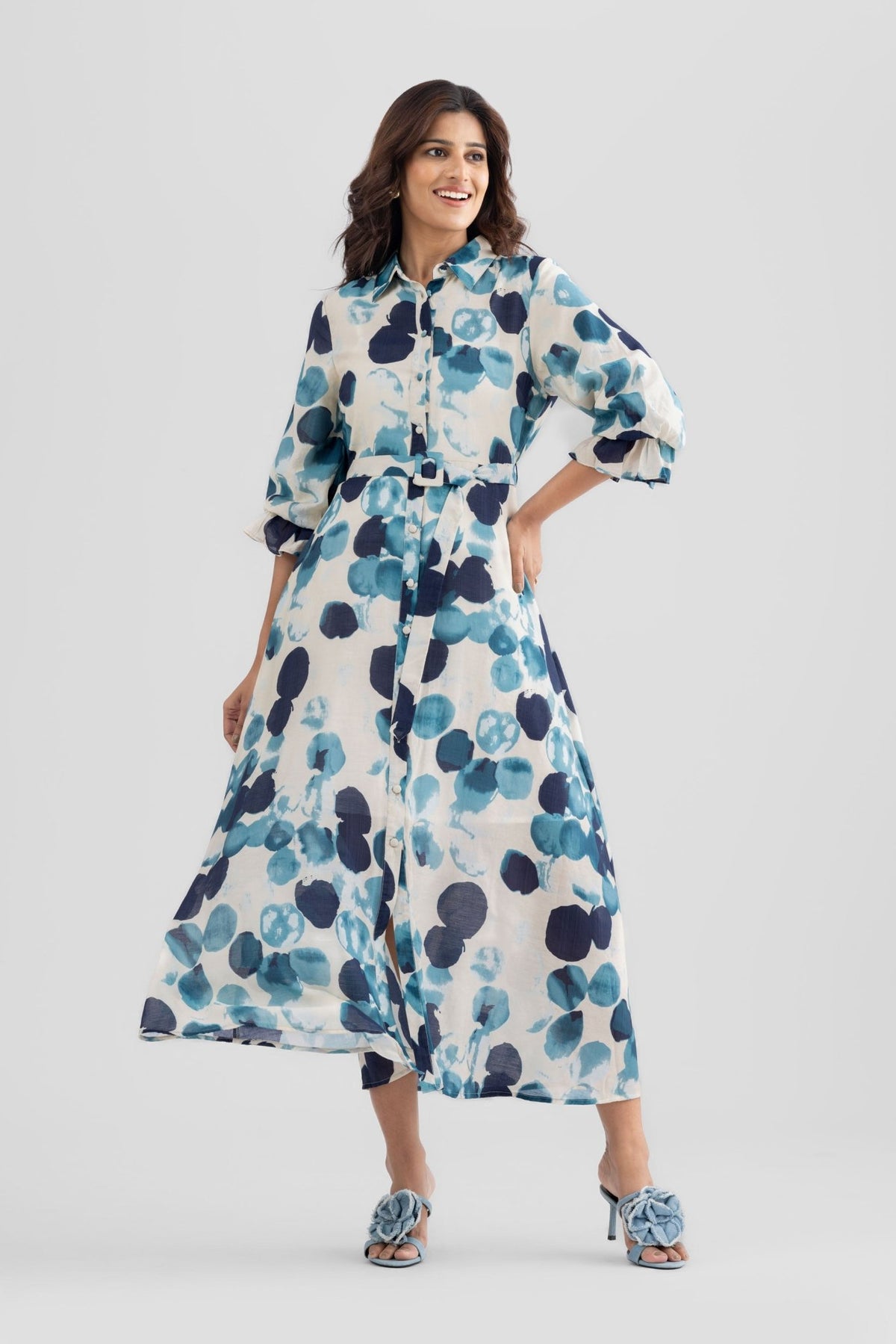 ASTER PRINTED VISCOSE A LINE MIDI DRESS WITH SELF FABRIC BELT - Sunday Story