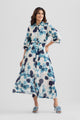 ASTER  PRINTED VISCOSE A LINE MIDI DRESS WITH SELF FABRIC BELT