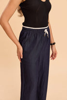 ASTRID WIDE ANKLE DENIM PANTS WITH CONTRAST WAIST BAND - Sunday Story