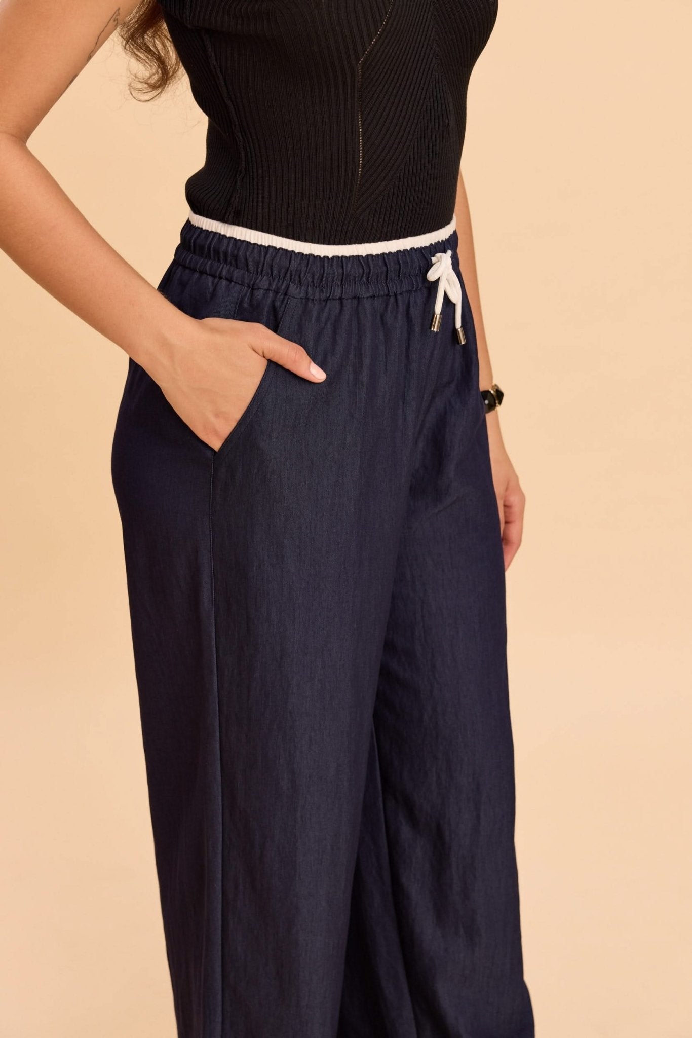 ASTRID WIDE ANKLE DENIM PANTS WITH CONTRAST WAIST BAND - Sunday Story