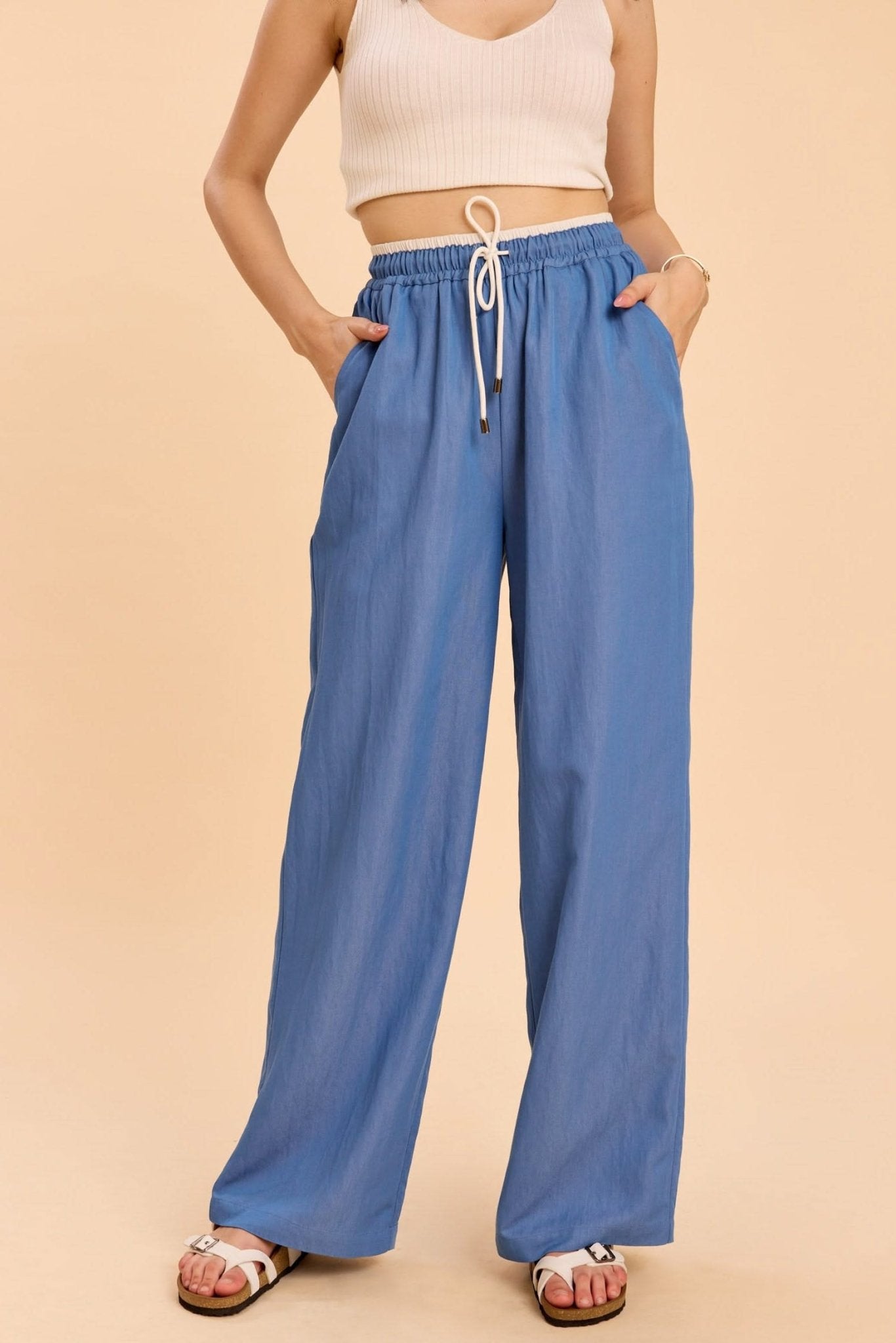 ASTRID WIDE ANKLE DENIM PANTS WITH CONTRAST WAIST BAND - Sunday Story