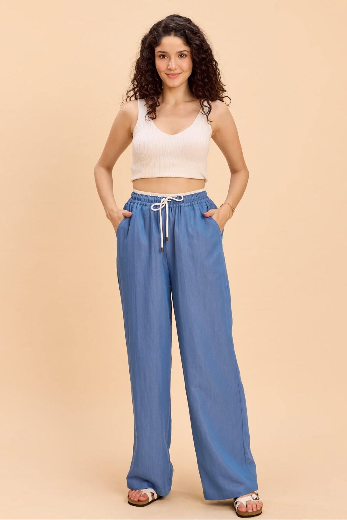 ASTRID WIDE ANKLE DENIM PANTS WITH CONTRAST WAIST BAND - Sunday Story