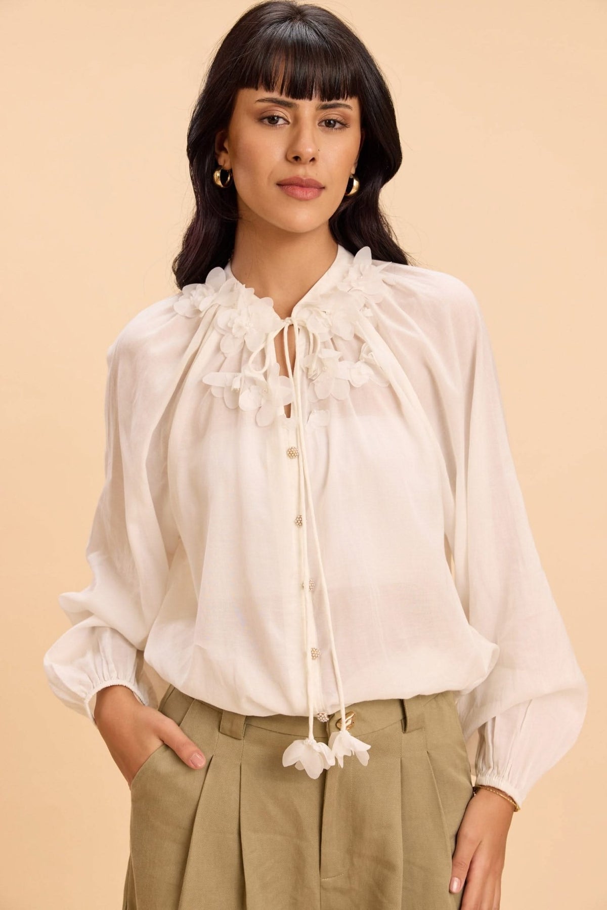 BAILEY COTTON VISCOSE POET SHIRT WITH 3D FLORAL EMBELLISHMENTS - Sunday Story
