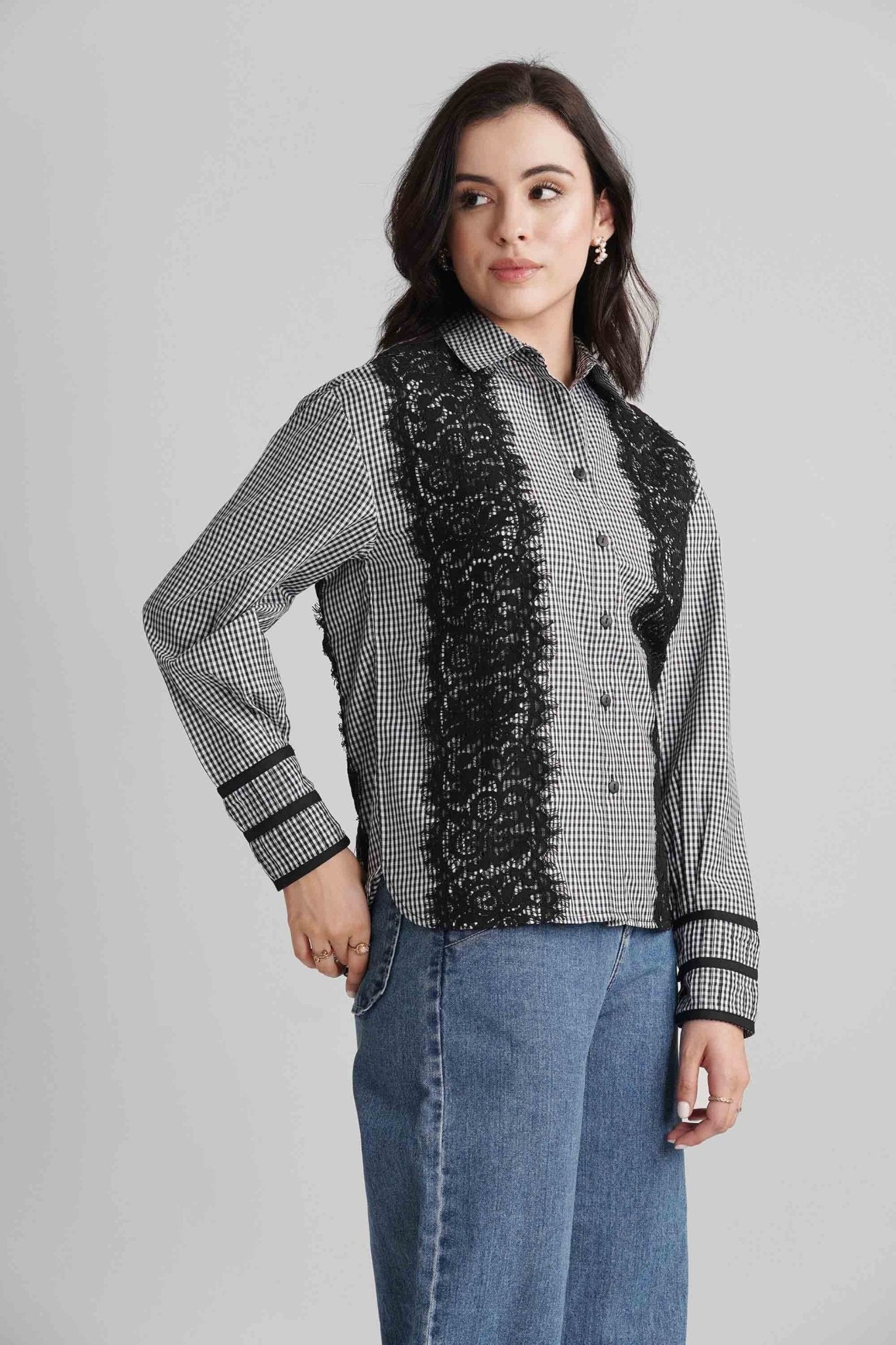 BENNET CHECKED COTTON SHIRT WITH LACE DETAIL - Sunday Story