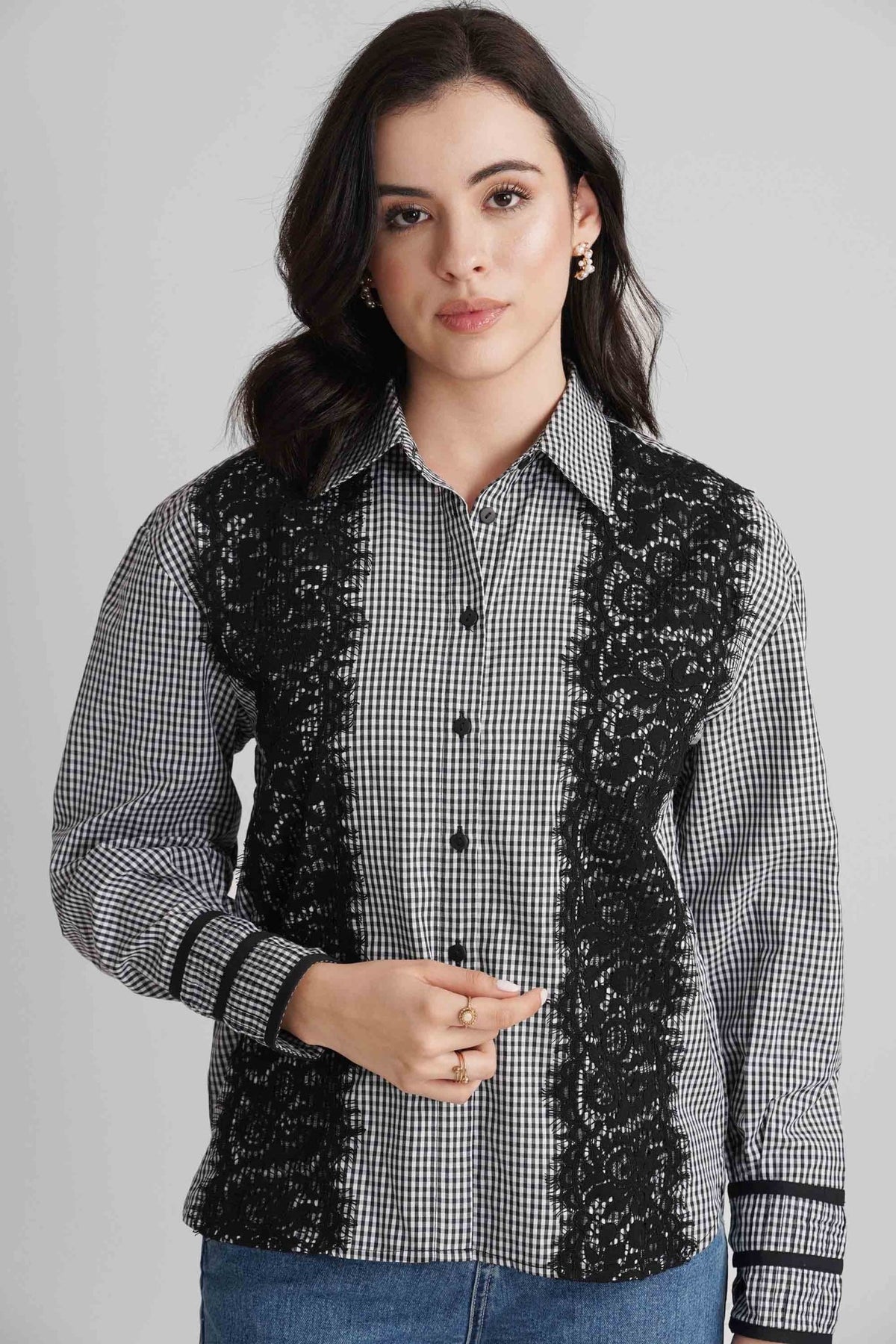 BENNET CHECKED COTTON SHIRT WITH LACE DETAIL - Sunday Story