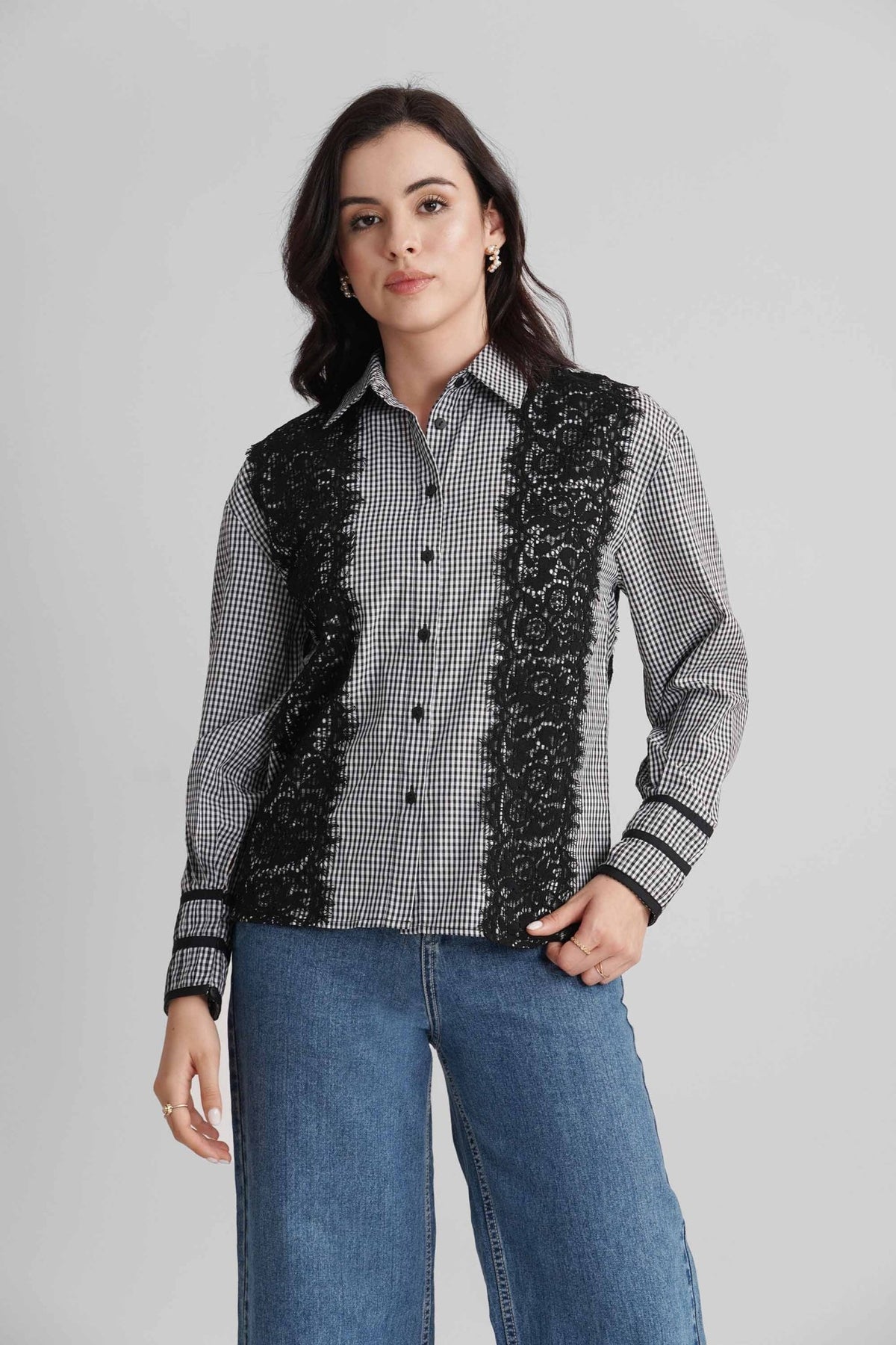 BENNET CHECKED COTTON SHIRT WITH LACE DETAIL - Sunday Story