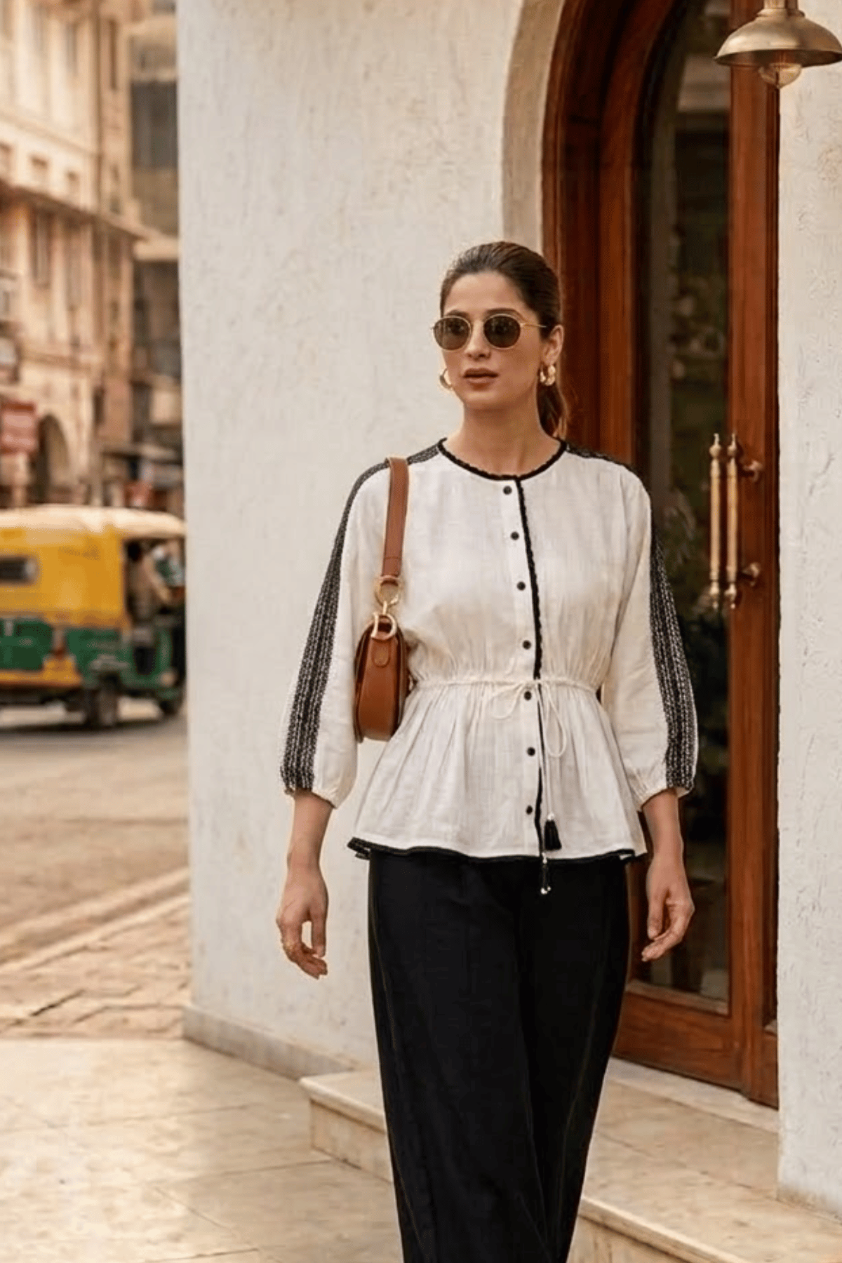 BERN LINEN PEPLUM TOP WITH CONTRAST LACE DETAIL - Sunday Story