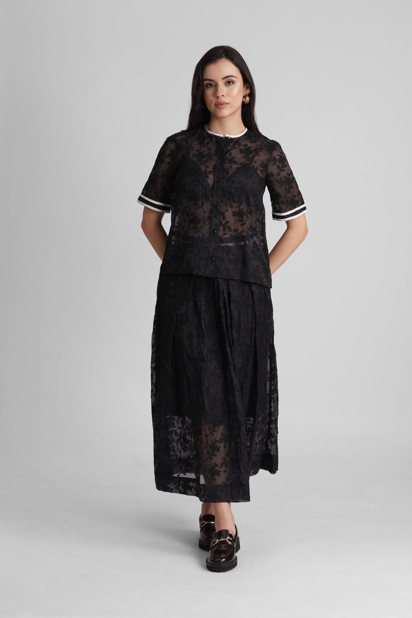 BERNICE EMBROIDERED VISCOSE ORGANZA SHIRT AND PLEATED MIDI SKIRT CO-ORD SET - Sunday Story