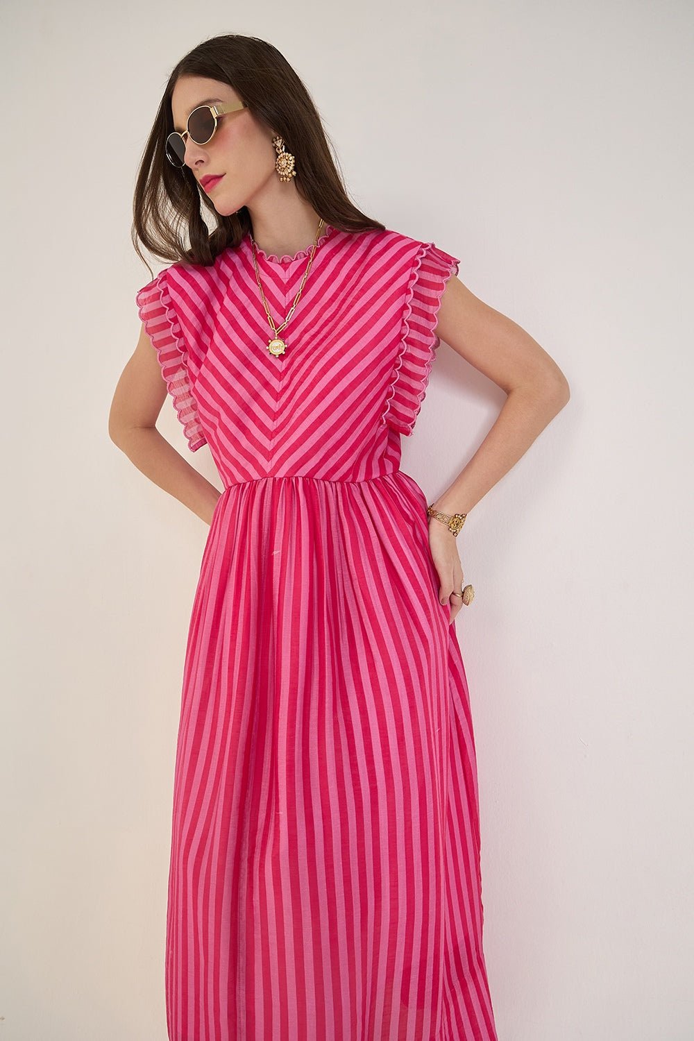 BEVIN PINK FUCHSIA STRIPED SCALLOPED FIT & FLARE MIDI DRESS - Sunday Story