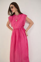 BEVIN PINK FUCHSIA STRIPED SCALLOPED FIT & FLARE MIDI DRESS - Sunday Story