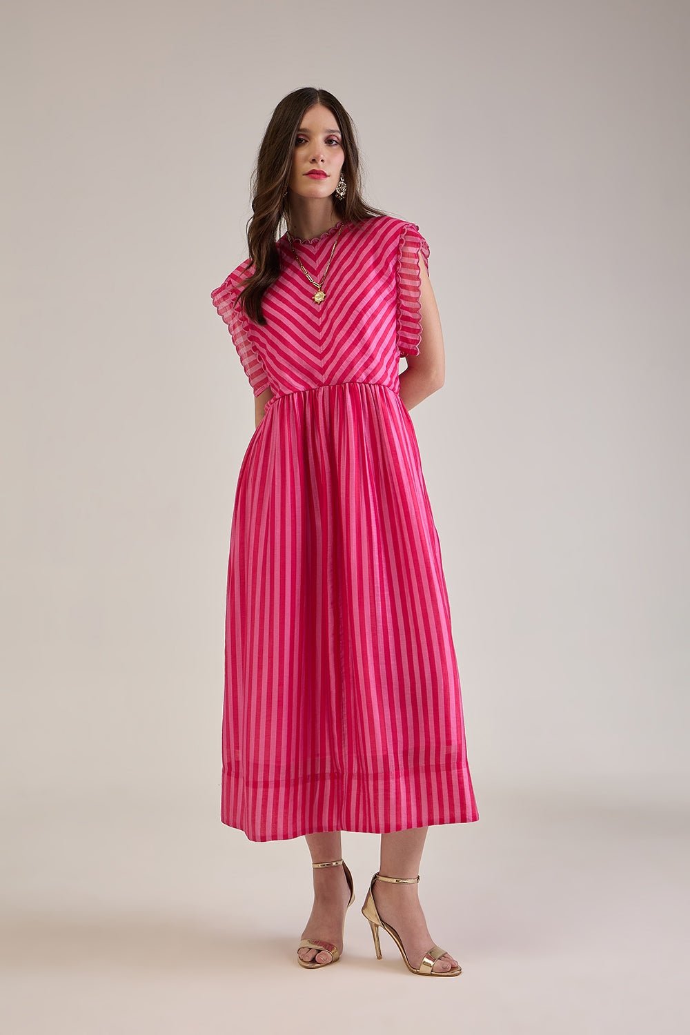 BEVIN PINK FUCHSIA STRIPED SCALLOPED FIT & FLARE MIDI DRESS - Sunday Story