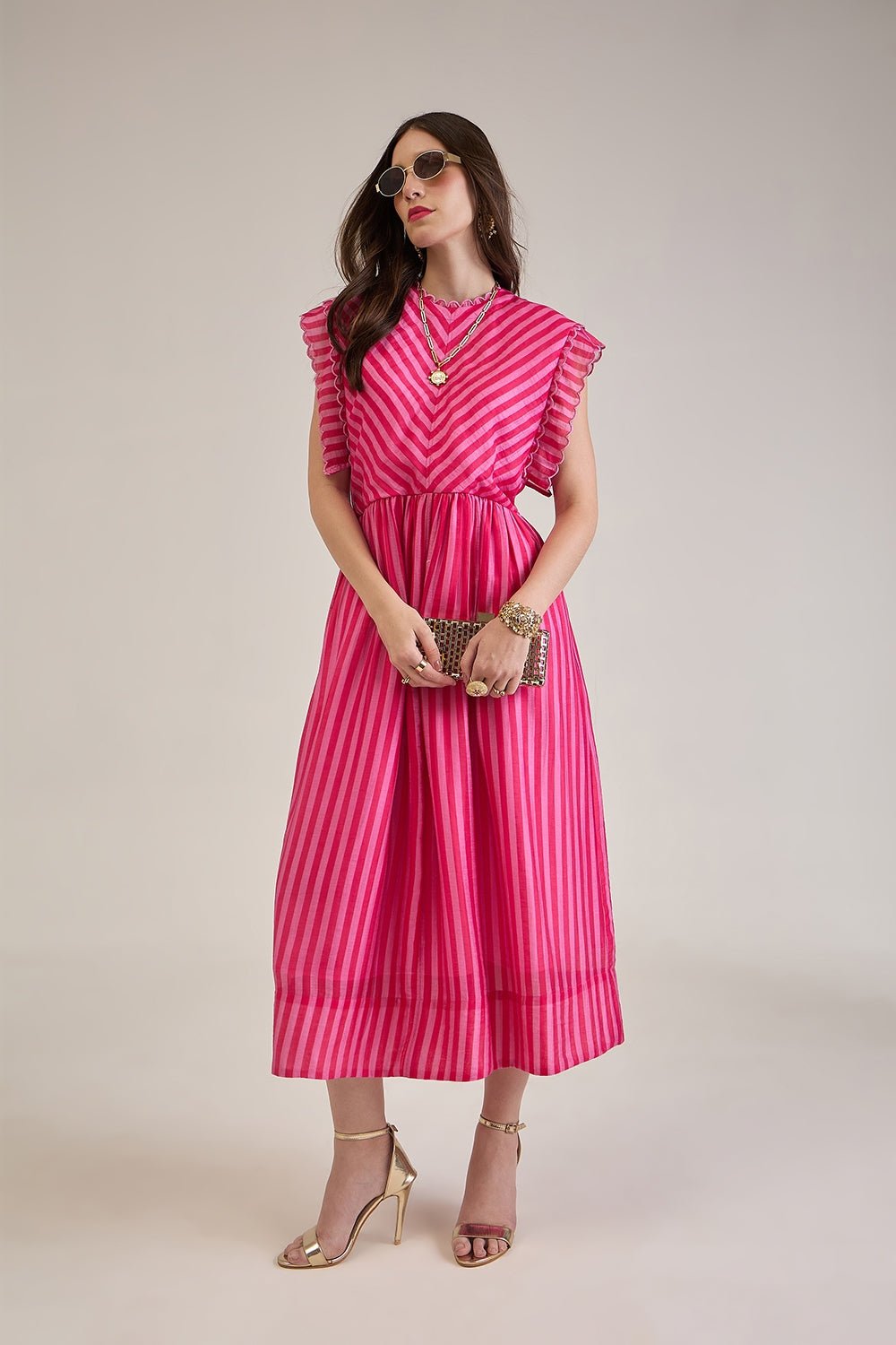 BEVIN PINK FUCHSIA STRIPED SCALLOPED FIT & FLARE MIDI DRESS - Sunday Story