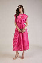 BEVIN PINK FUCHSIA STRIPED SCALLOPED FIT & FLARE MIDI DRESS - Sunday Story