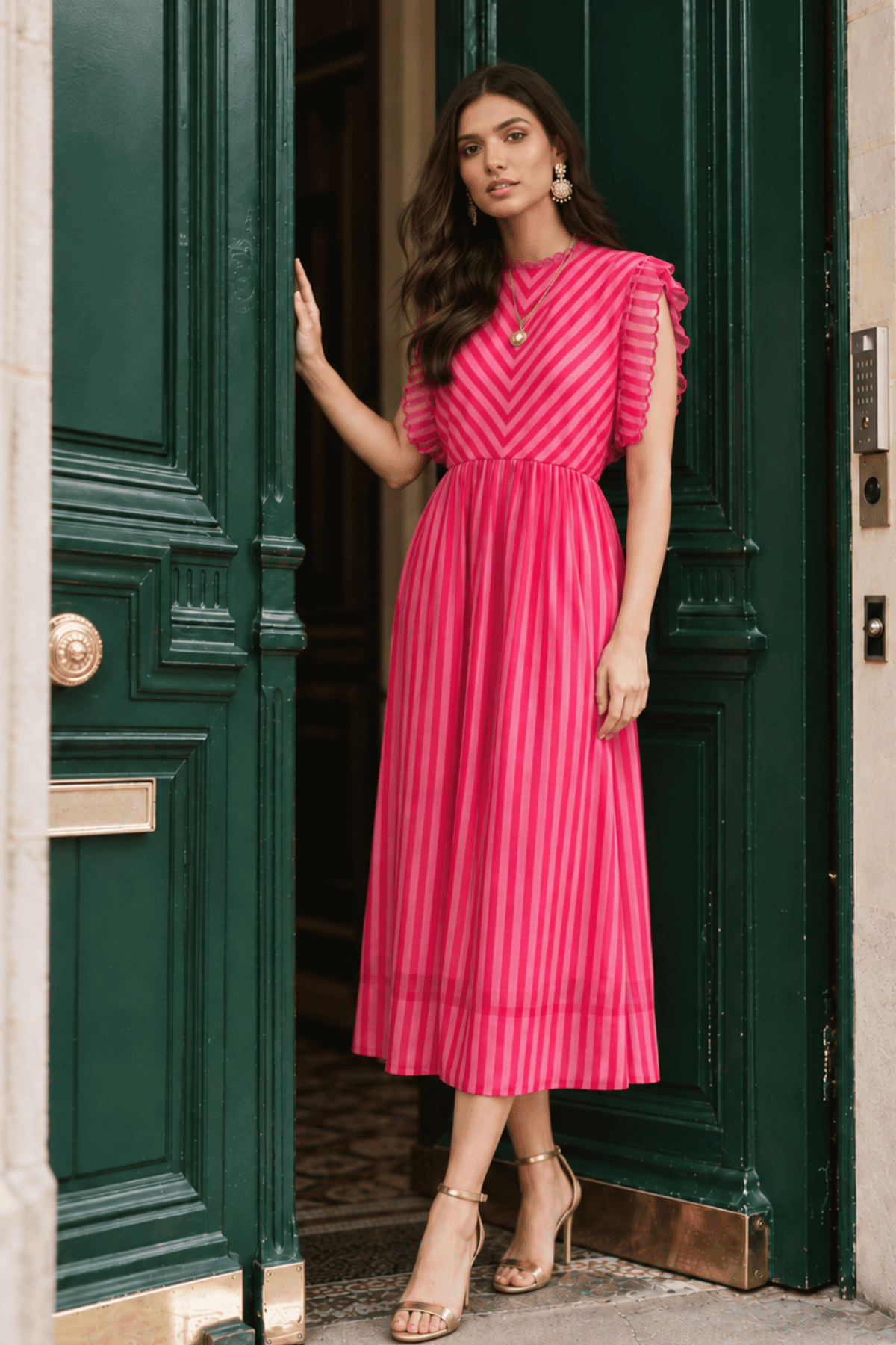 BEVIN PINK FUCHSIA STRIPED SCALLOPED FIT & FLARE MIDI DRESS - Sunday Story