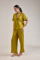 BRIDGET BRIGHT OLIVE LINEN SATIN SCALLOP DETAIL BLAZER & PANT CO-ORD - Sunday Story
