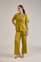 BRIDGET BRIGHT OLIVE LINEN SATIN SCALLOP DETAIL BLAZER & PANT CO-ORD - Sunday Story