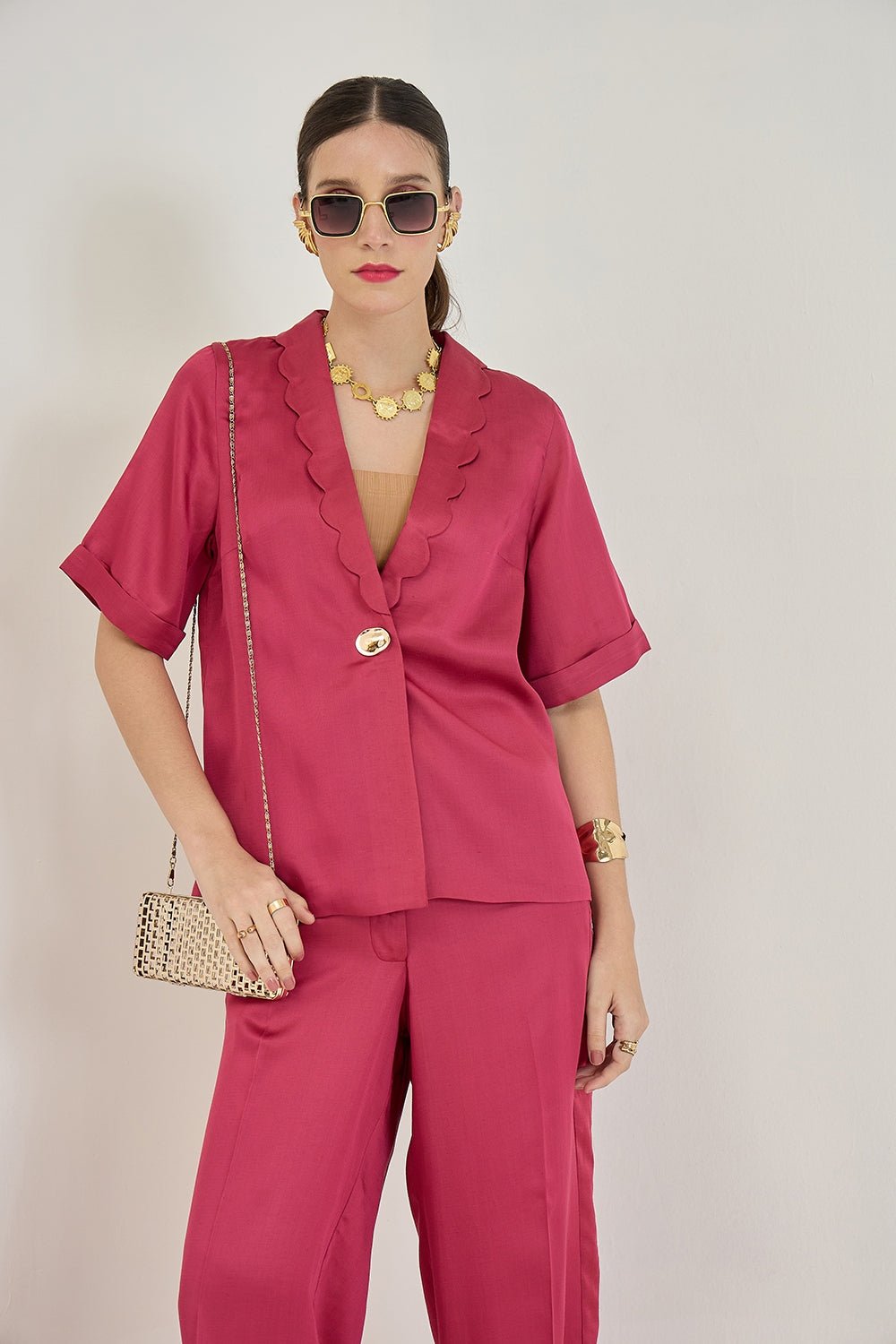 BRIDGET FUCHSIA LINEN SATIN SCALLOP DETAIL BLAZER & PANT CO-ORD - Sunday Story
