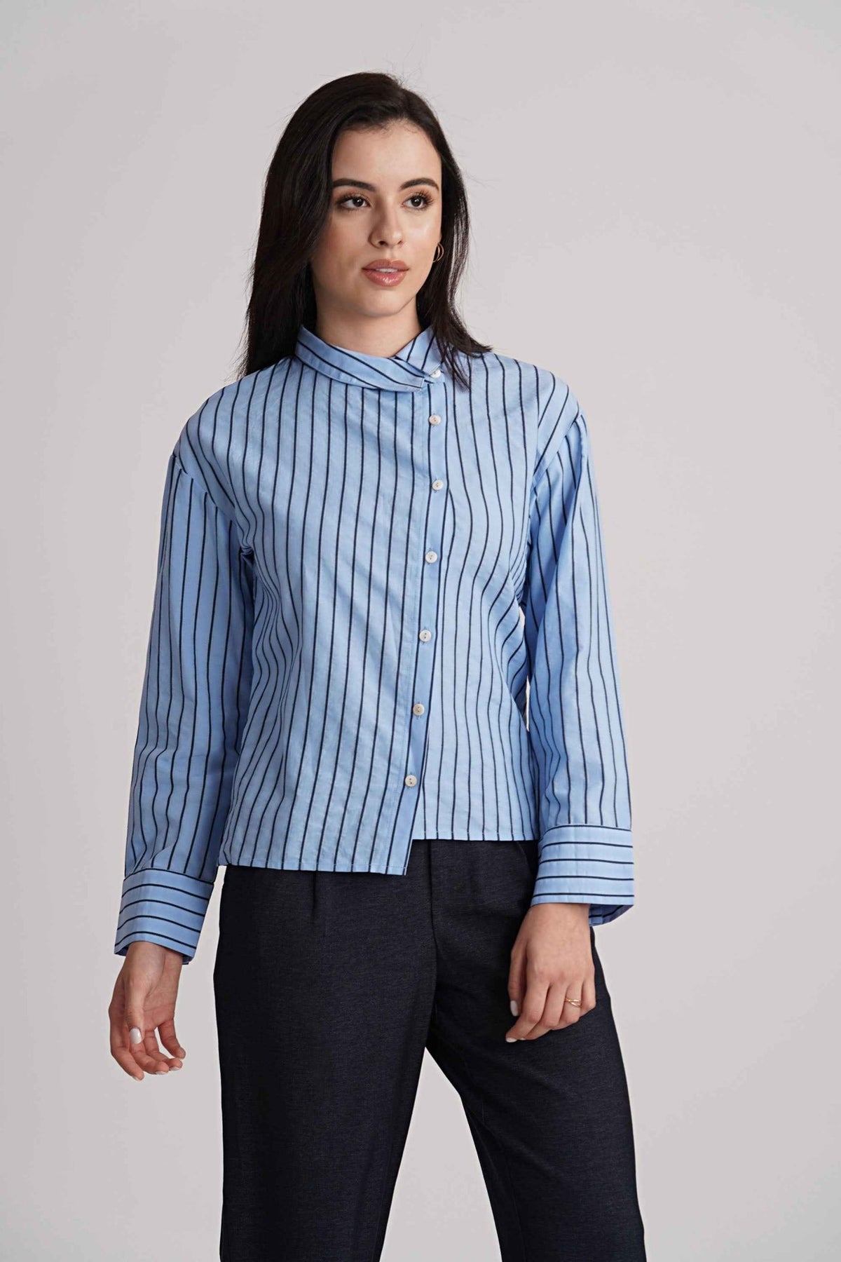 BRIONY COTTON STRIPE SHIRT WITH ASYMETRICAL PLACKET - Sunday Story