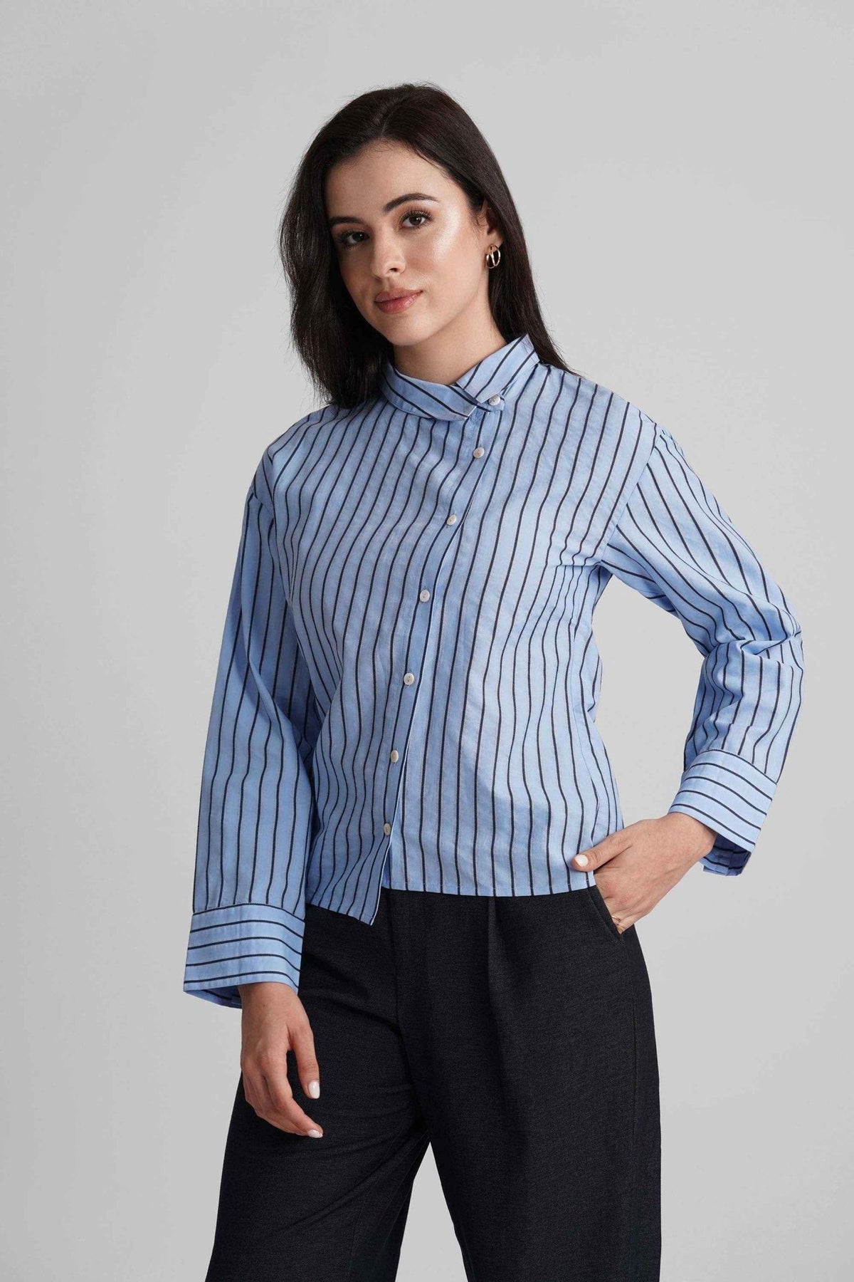 BRIONY COTTON STRIPE SHIRT WITH ASYMETRICAL PLACKET - Sunday Story