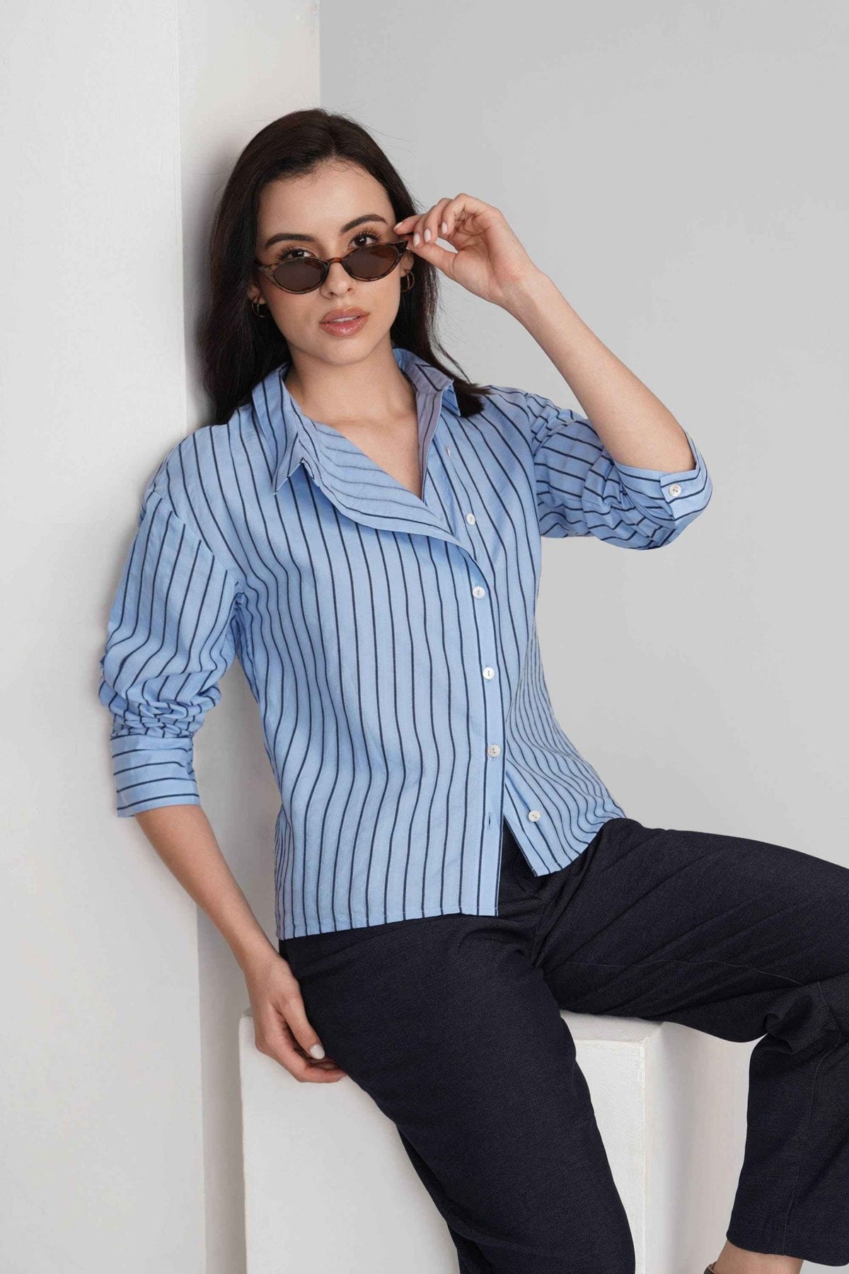 BRIONY COTTON STRIPE SHIRT WITH ASYMETRICAL PLACKET - Sunday Story