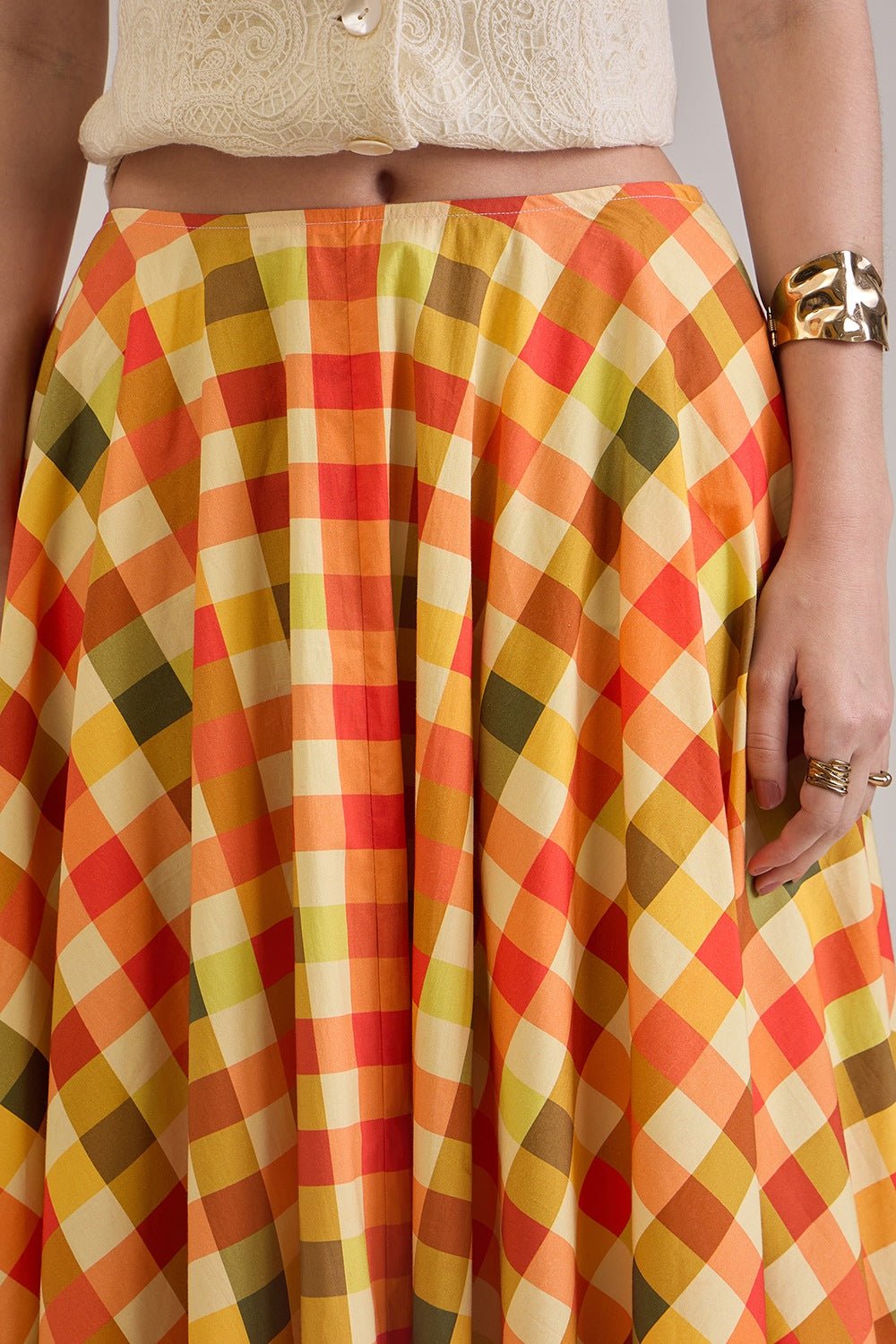 BRIONY PRINTED CHECK COTTON MIDI CIRCLE SKIRT - Sunday Story