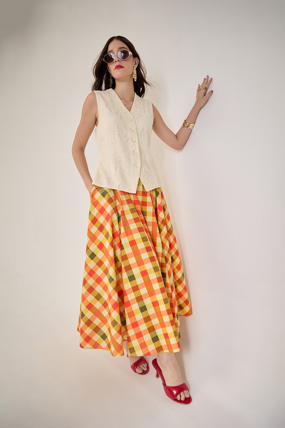 BRIONY PRINTED CHECK COTTON MIDI CIRCLE SKIRT - Sunday Story