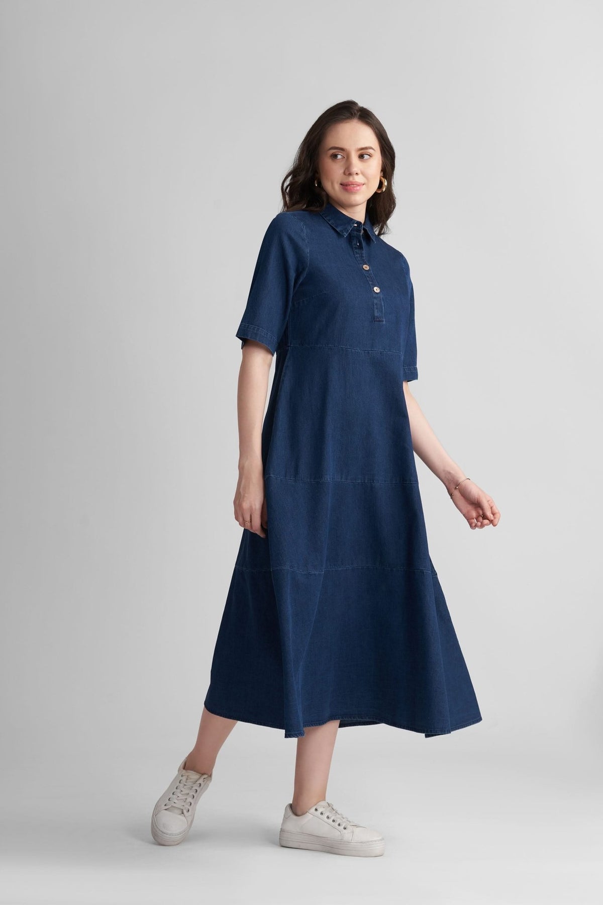 CALLIN A-LINE MAXI PANELLED DENIM DRESS - Sunday Story