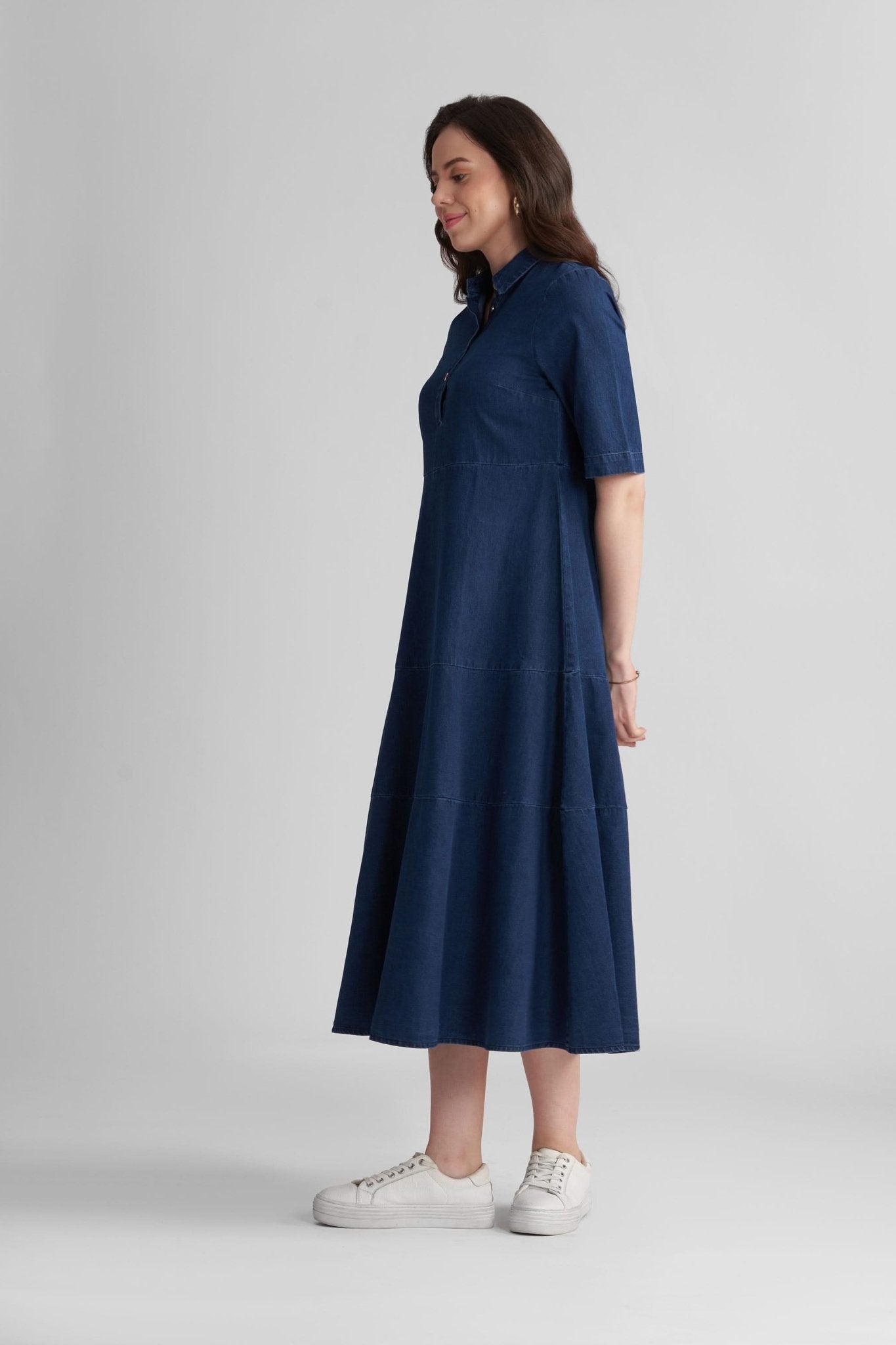 CALLIN A-LINE MAXI PANELLED DENIM DRESS - Sunday Story