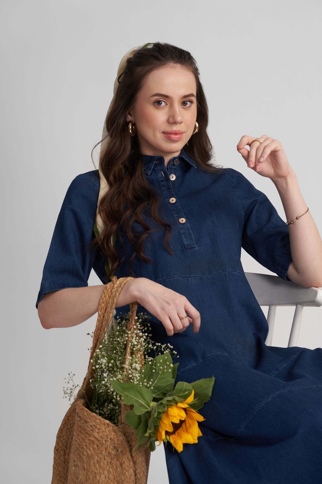 CALLIN A-LINE MAXI PANELLED DENIM DRESS - Sunday Story