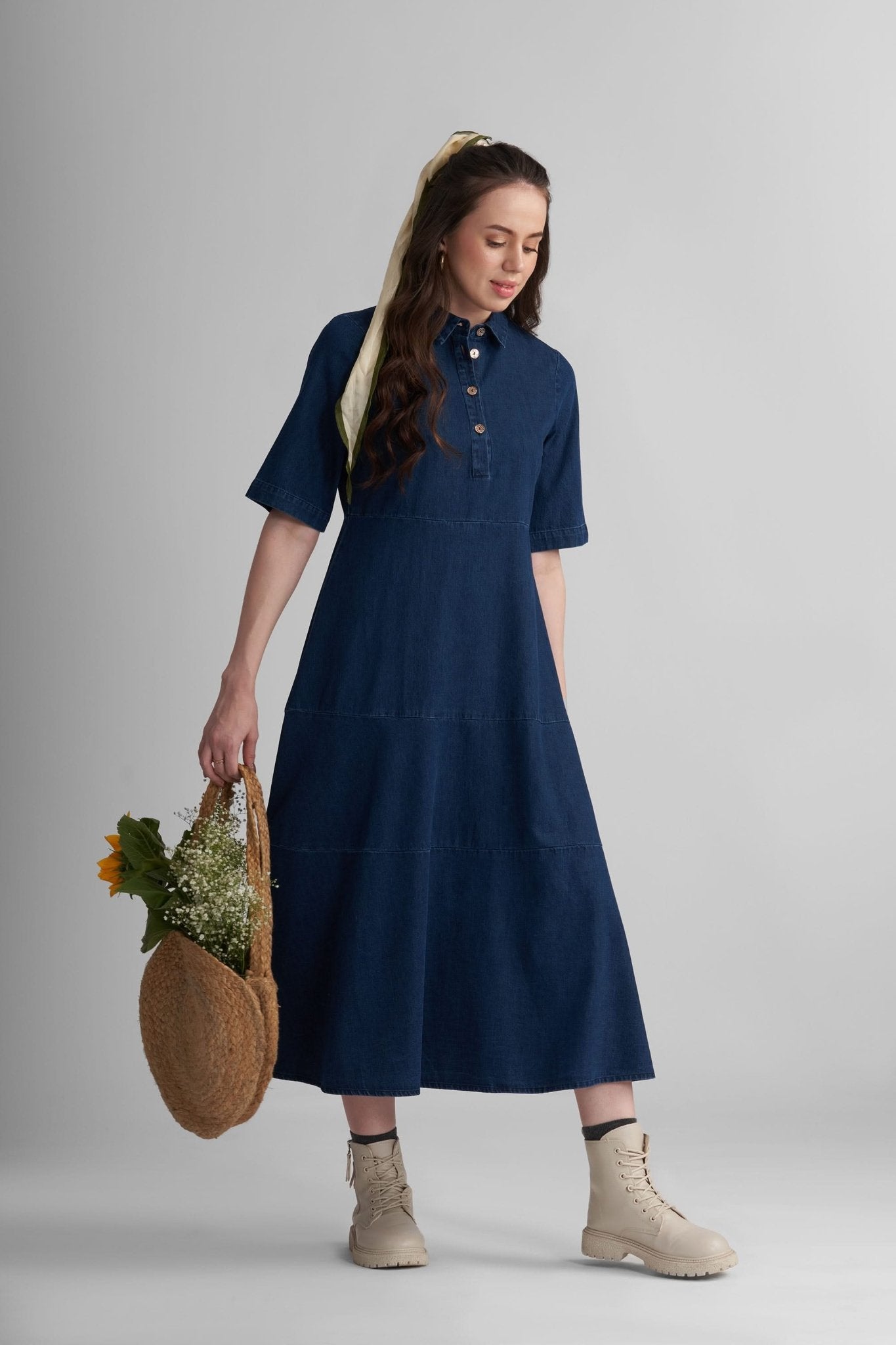 CALLIN A-LINE MAXI PANELLED DENIM DRESS - Sunday Story